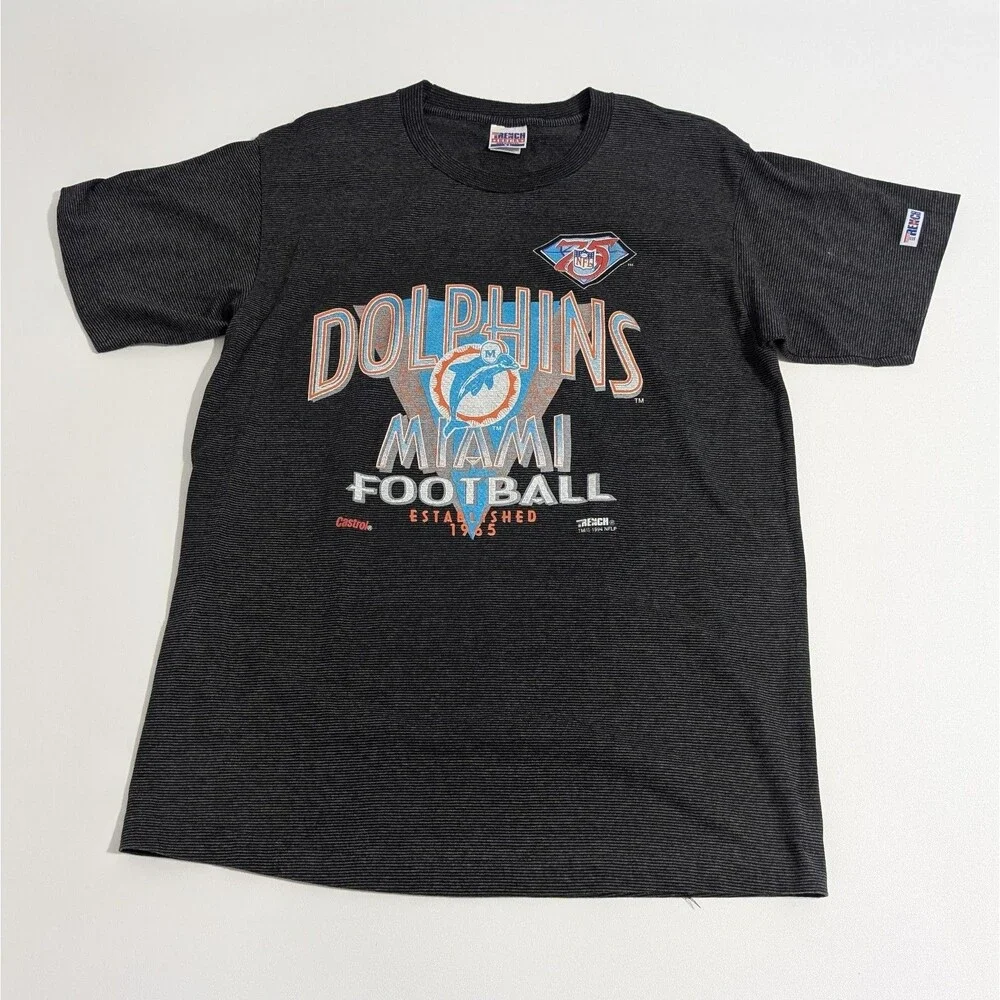Vintage 1994 Miami Dolphins Football Graphic T-Shirt NFL Trench Size XL Stripped